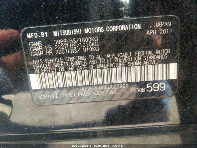 2012 MITSUBISHI LANCER VIN: JA32U2FU8CU027901
