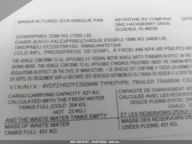 4YDT21R27FC503949 Keystone Trailer