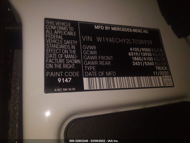 2020 Mercedes-Benz Sprinter, VIN: W1Y4ECHY2LT038939