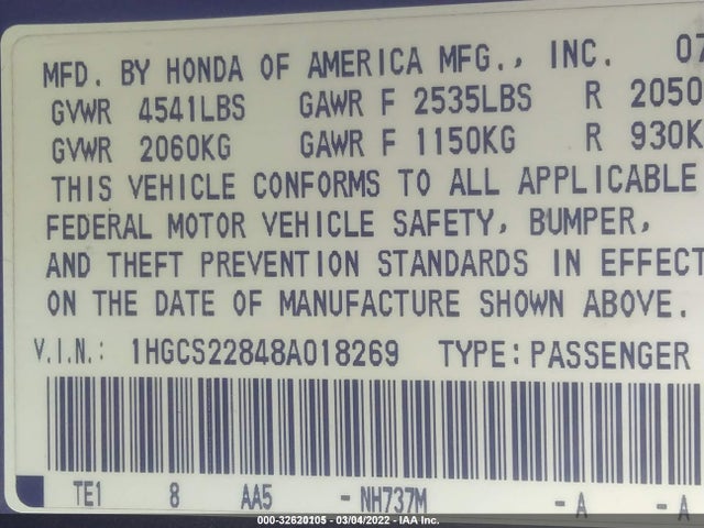 2008 HONDA ACCORD CPE EX-L VIN: 1HGCS22848A018269