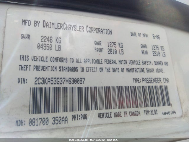 2007 CHRYSLER 300 VIN: 2C3KA53G37H630097
