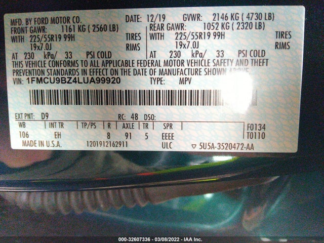 2020 Ford Escape, VIN: 1FMCU9BZ4LUA99920