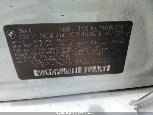 BMW 3 Series 328i 2009 WBAPH77519NM45426 Image 10