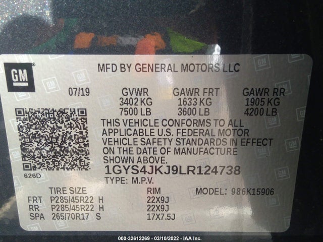 1GYS4JKJ9LR124738 Cadillac Escalade Esv Premium Luxury