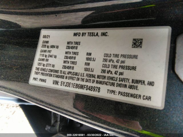 5YJ3E1EB6MF048978 Tesla Model 3 Long Range Dual Motor All-wheel Drive