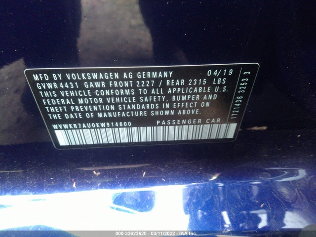 2019 Volkswagen Golf, VIN: WVWKR7AU0KW914600