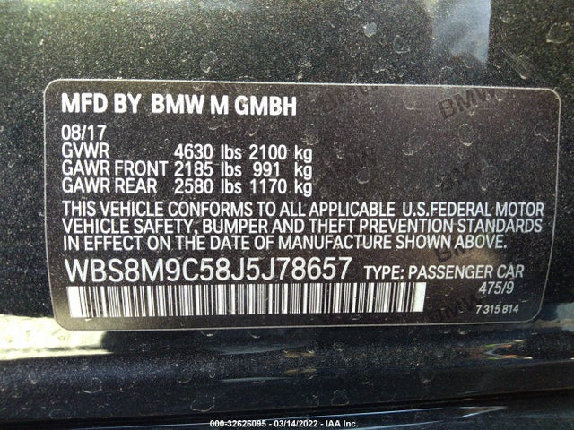 2018 BMW M3, VIN: WBS8M9C58J5J78657