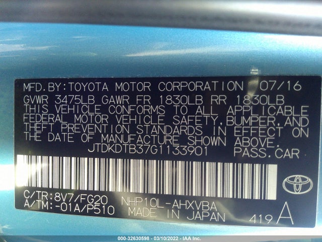 2016 Toyota Prius, VIN: JTDKDTB37G1133901