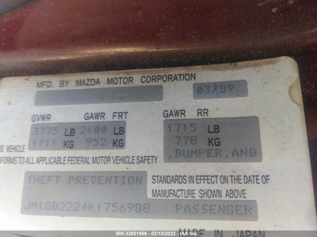 1989 MAZDA 626 VIN: JM1GD2224K1756988