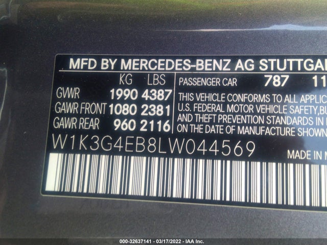 2020 Mercedes-Benz A-Class, VIN: W1K3G4EB8LW044569