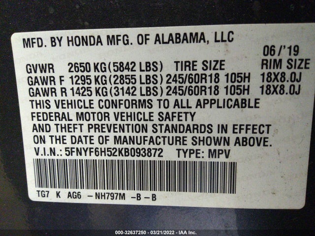 2019 HONDA PILOT EX-L VIN: 5FNYF6H52KB093872