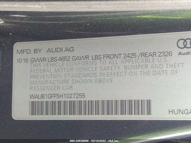 2017 Audi S3, VIN: WAUB1GFF5H1027255