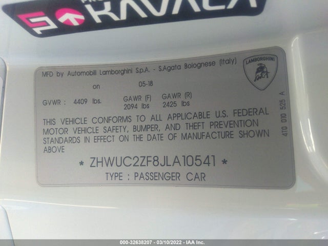 2018 Lamborghini Huracan, VIN: ZHWUC2ZF8JLA10541