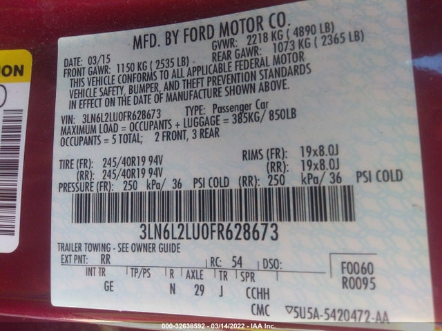 2015 Lincoln MKZ, VIN: 3LN6L2LU0FR628673