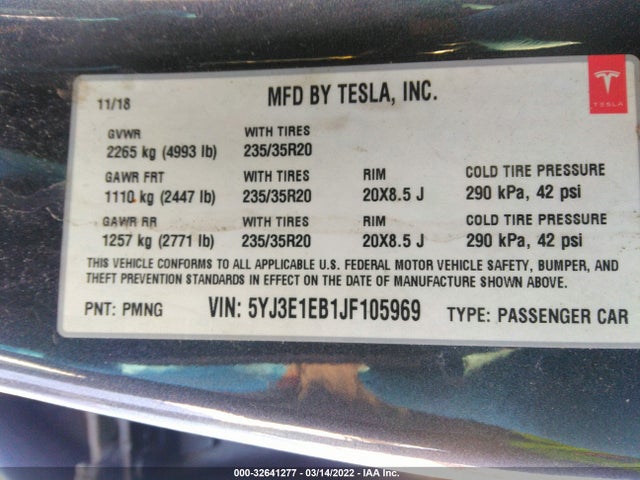 2018 Tesla 3, VIN: 5YJ3E1EB1JF105969
