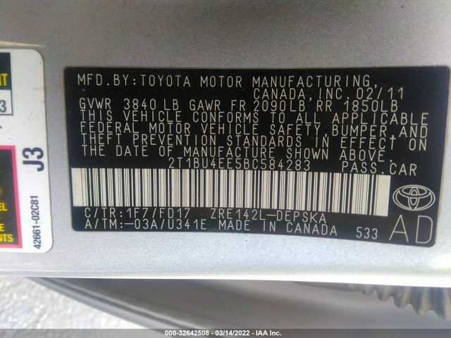 2011 TOYOTA COROLLA S VIN: 2T1BU4EE5BC584283
