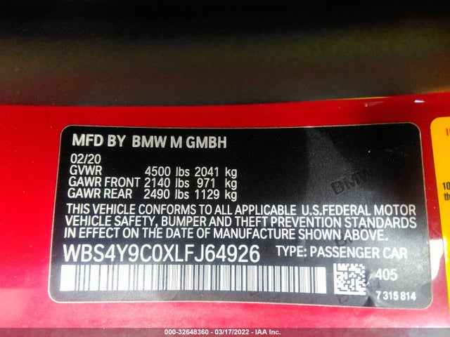 2020 BMW M4, VIN: WBS4Y9C0XLFJ64926