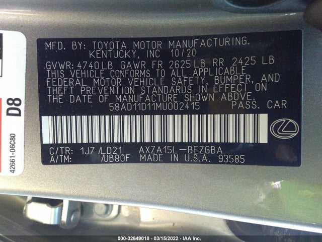 2021 Lexus ES, VIN: 58AD11D11MU002415