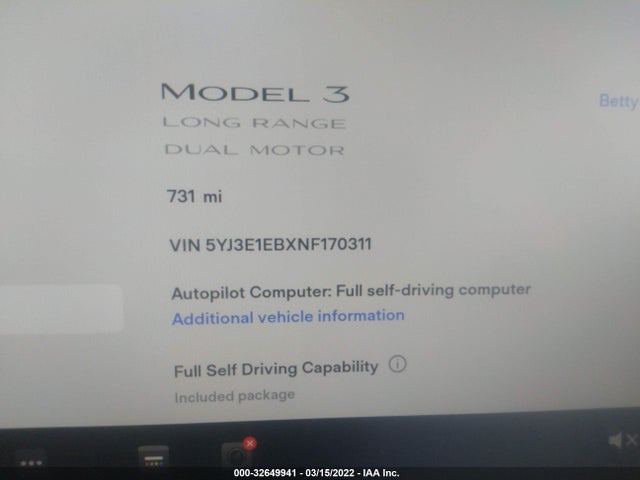 Tesla Model 3 Long Range 2022 5YJ3E1EBXNF170311 Image 8