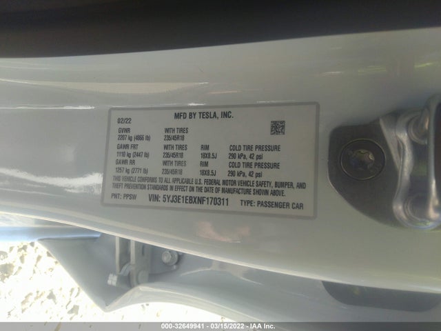 Tesla Model 3 Long Range 2022 5YJ3E1EBXNF170311 Image 10