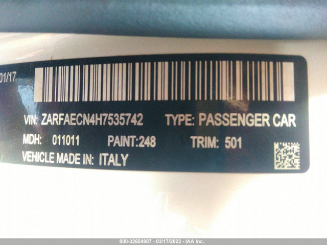 2017 Alfa Romeo Giulia, VIN: ZARFAECN4H7535742