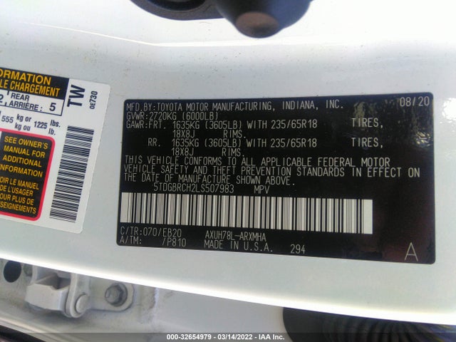 2020 Toyota Highlander, VIN: 5TDGBRCH2LS507983
