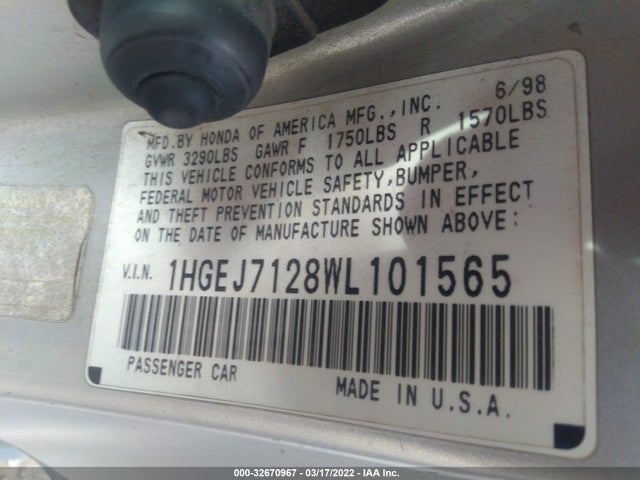 1998 HONDA CIVIC HX VIN: 1HGEJ7128WL101565