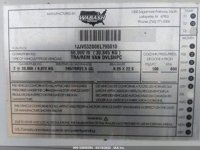 Продажа на аукционе авто 2014 Wabash National Corp Dry Van, vin: 1JJV532D0EL795010, номер лота: 32655254