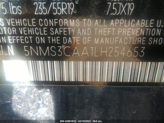 5NMS3CAA1LH254653 Hyundai Santa Fe Sel 2.0t