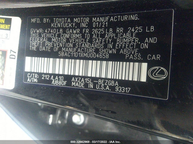 2021 Lexus ES, VIN: 58AC11D1XMU004658