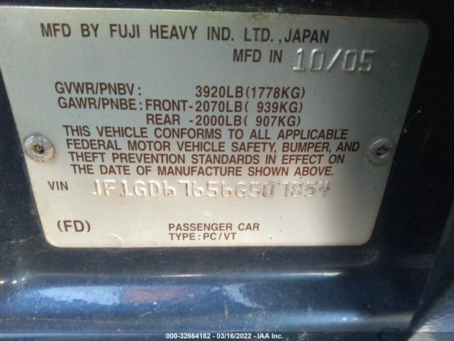 2006 SUBARU IMPREZA SEDAN VIN: JF1GD67656G507854