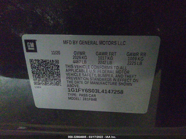 2020 Chevrolet Bolt EV, VIN: 1G1FY6S03L4147258
