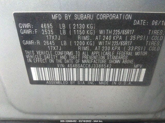 2018 Subaru Outback, VIN: 4S4BSACC8J3388542