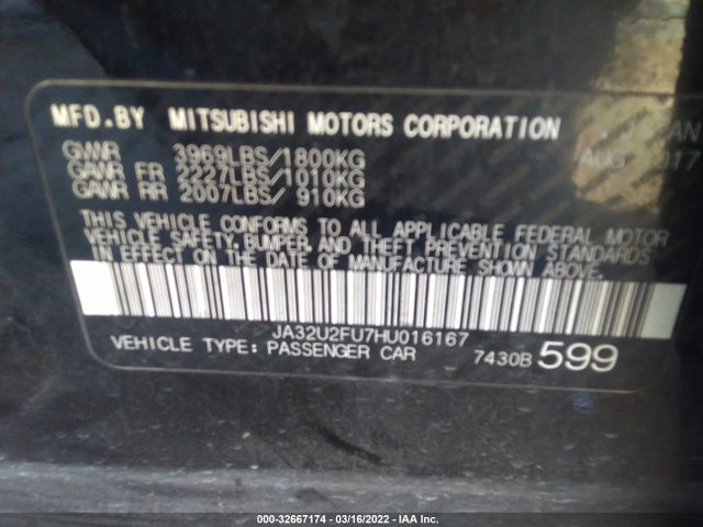2017 Mitsubishi Lancer, VIN: JA32U2FU7HU016167
