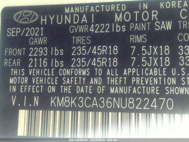 KM8K3CA36NU822470 Hyundai Kona N Line