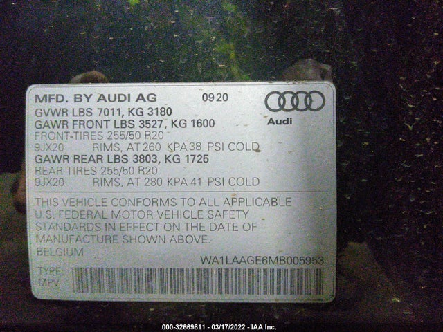 2021 Audi e-tron, VIN: WA1LAAGE6MB005953