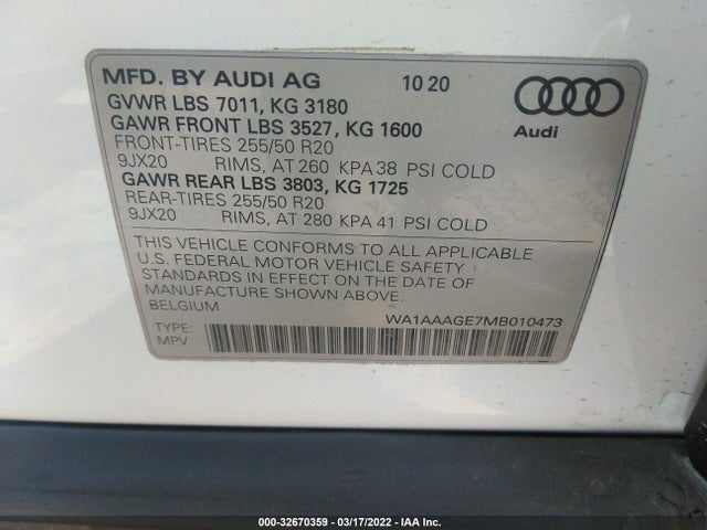 2021 Audi e-tron, VIN: WA1AAAGE7MB010473