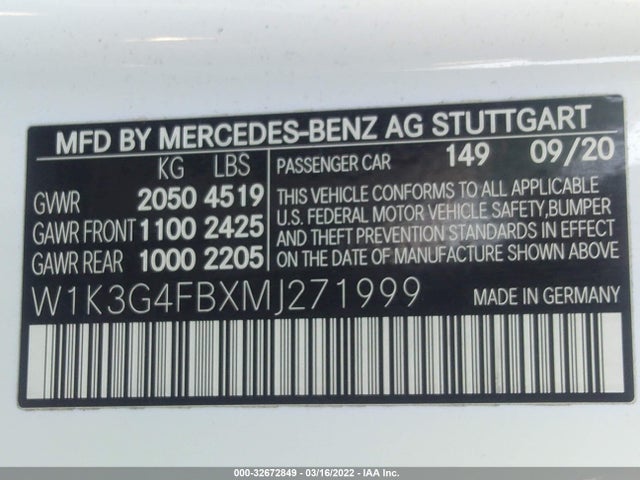 2021 Mercedes-Benz A-Class, VIN: W1K3G4FBXMJ271999