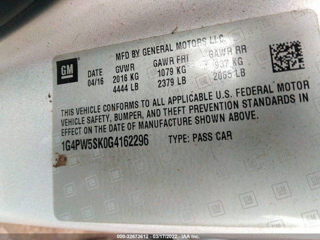 2016 Buick Verano, VIN: 1G4PW5SK0G4162296