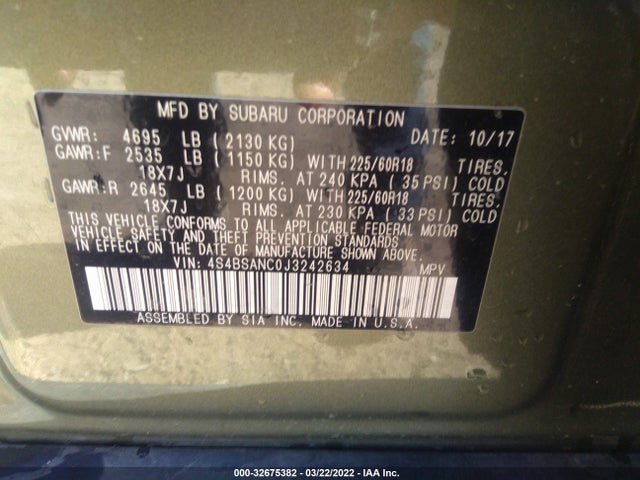 2018 Subaru Outback, VIN: 4S4BSANC0J3242634