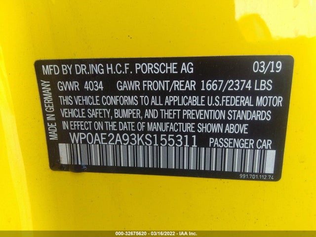 2019 Porsche 911, VIN: WP0AE2A93KS155311