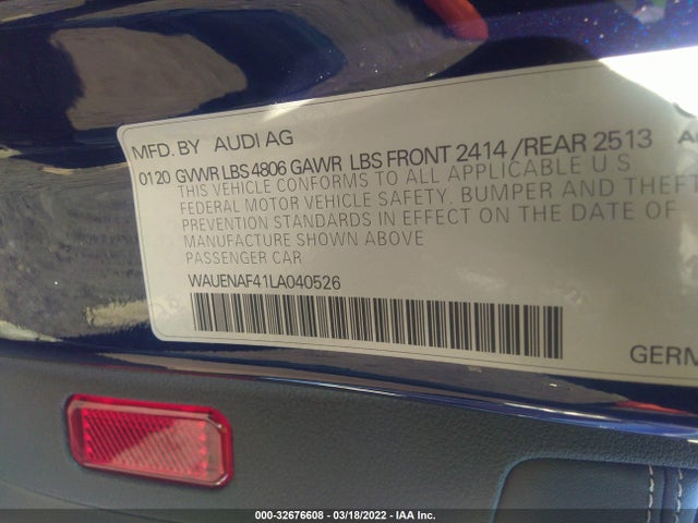 2020 Audi A4, VIN: WAUENAF41LA040526