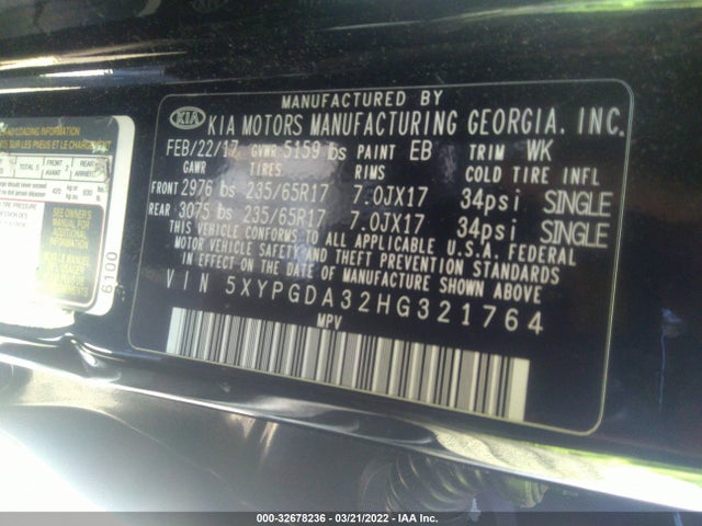 2017 Kia Sorento, VIN: 5XYPGDA32HG321764