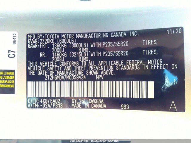 2021 Lexus RX, VIN: 2T2HGMDA7MC059434