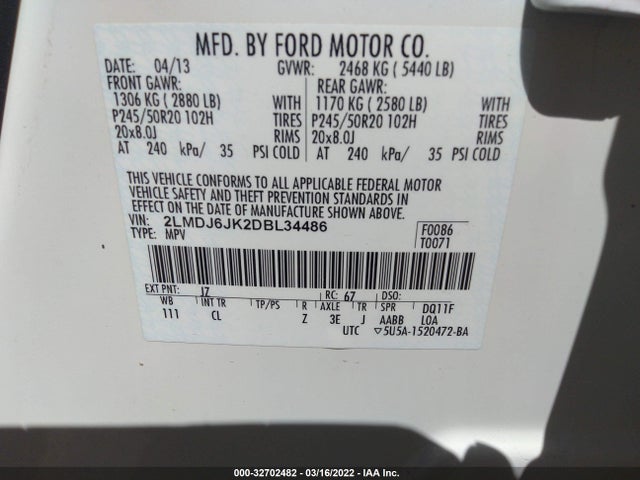 Lincoln MKX 2013 2LMDJ6JK2DBL34486 Image 9