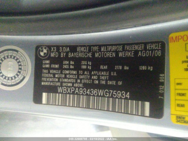 WBXPA93436WG75934 BMW X3 3.0I