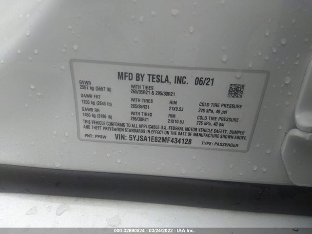 2021 Tesla Model S, VIN: 5YJSA1E62MF434128