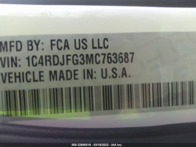 2021 Dodge Durango, VIN: 1C4RDJFG3MC763687