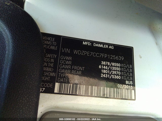 Aukcja sprzedaży 2015 Mercedes Benz Sprinter  2500, vin: WDZPE7CC7FP125639, numer aukcji: 32698102