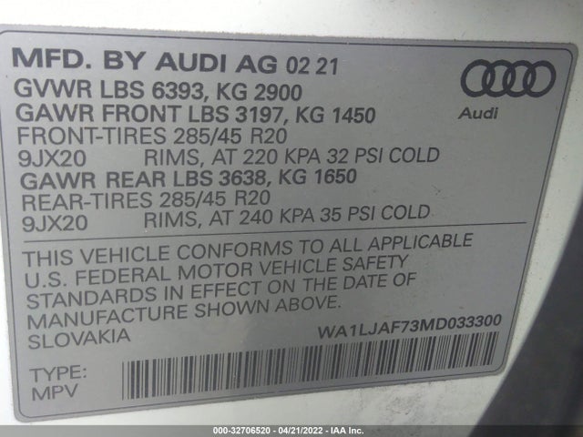2021 Audi Q7, VIN: WA1LJAF73MD033300